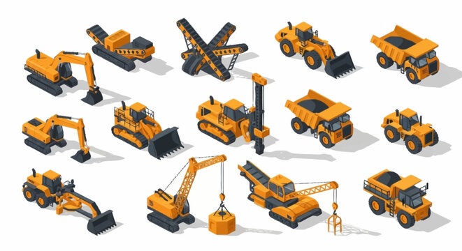 Collection of orange construction vehicles in isometric style.