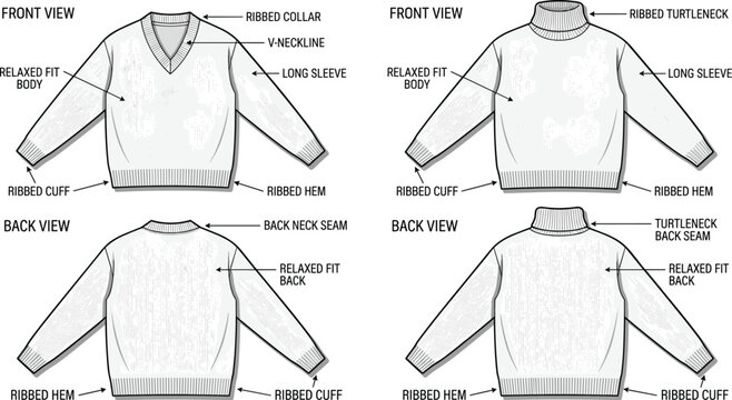 Technical drawing of fashion garment sweater showing front and back view with collar long sleeve hem ribbed cuff.