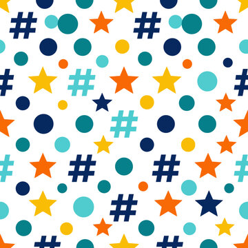 Colorful hashtag and star seamless pattern on white background