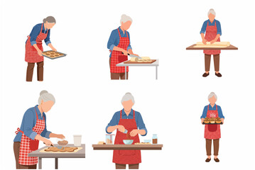 Fototapeta premium Senior woman baking homemade cinnamon rolls flat vector illustration set