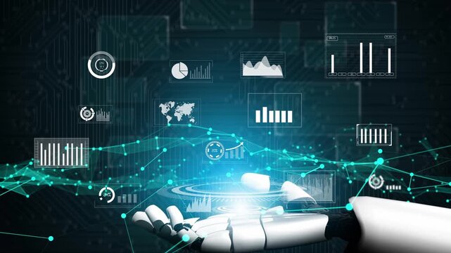 A robotic hand reaches out to manipulate dynamic data visualizations, illustrating the intersection of technology and data analysis in a futuristic landscape. Xenic