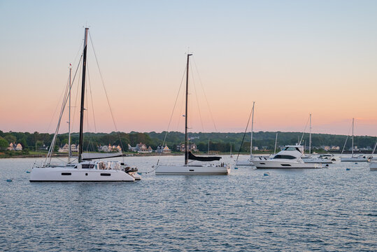 Stonington Borough, Connecticut, USA - Sailboats On Moorings At Sunrise
