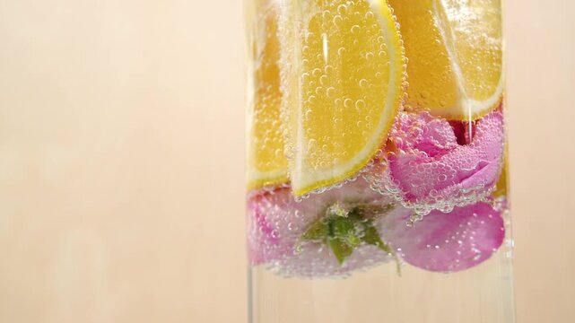 Close-up of air bubbles on a lemon and roses in refreshing drinking water
