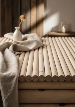 Light wooden poles arranged in parallel create a textured surface with a draped linen cloth and flower vase.