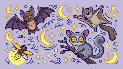 Obraz premium Nocturnal animals doodle set