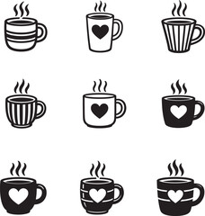 Fototapeta premium Collection of steaming coffee mugs with heart and stripe patterns in cozy vector style.