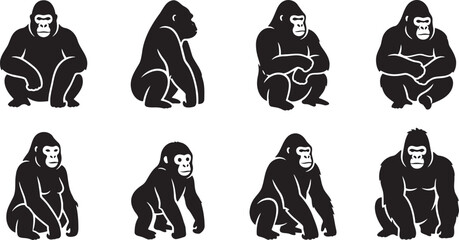 Black silhouette collection of wild gorillas sitting standing and pounding chest in various powerful poses © HM