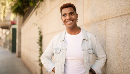 Obraz premium Smiling Young Man with Short Curly Hair Wearing White T-Shirt and Light Denim Jacket Outdoors