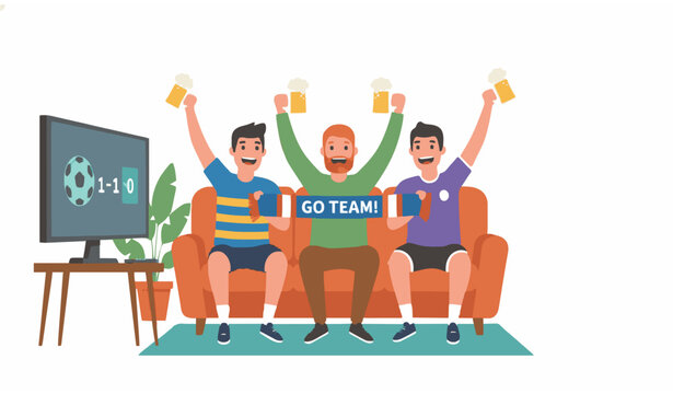 Male sports fans on sofa cheering with beer and team scarf watch party flat vector illustration