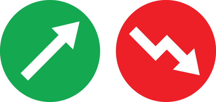Green circle with rising arrow and red circle with falling zigzag arrow icon set