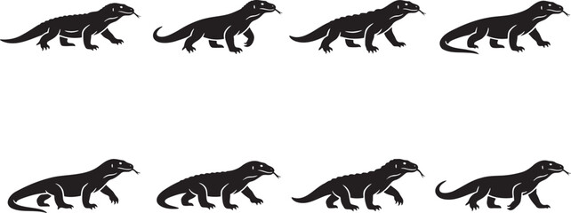 Obraz premium Black silhouette collection of sequence of a wild lizard or iguana walking forward step by step
