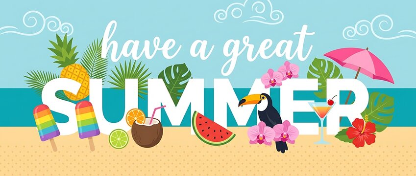 Bright summer banner with text have a great summer and tropical elements like pineapple, coconut, ice pops, and exotic flowers.
