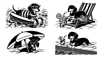 Obraz premium Dachshunds Relaxing By The Pool Black And White Vector Illustration