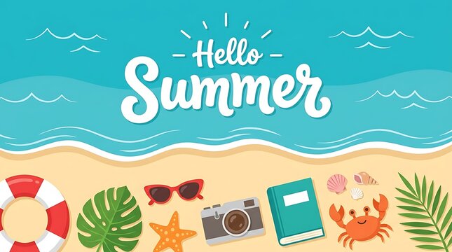 Hello summer beach scene with ocean, sand, and vacation items like sunglasses, camera, starfish, and crab.