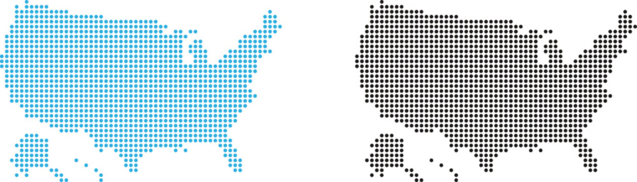 Two dotted maps of the united states of america with blue and black circle patterns