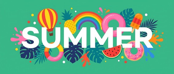 Fototapeta premium Summer word with tropical elements like hot air balloon rainbow pineapple watermelon and donuts on green background.
