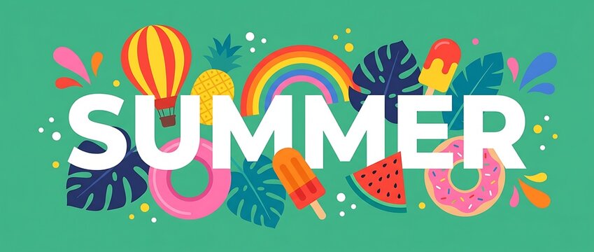 Summer word illustration with vibrant illustrations of hot air balloon pineapple rainbow popsicle donuts watermelon inflatable ring tropical leaves and splashes in bright colors on green background.