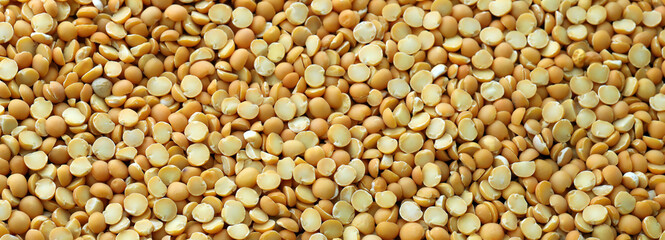 Fototapeta premium Pea grains in big pile on table close up. Large amount of yellow pea seeds