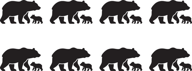 Fototapeta premium Black silhouette collection of protective mama grizzly bear walking side by side with her small cubs