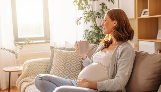 Pregnant woman relaxing on sofa with coffee mug in cozy living room