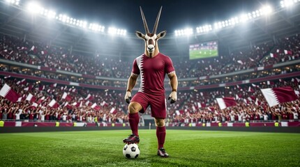 Naklejka premium Ultra Realistic Arabian Oryx Football Arabian Oryx Representing Qatar on Soccer Stadium