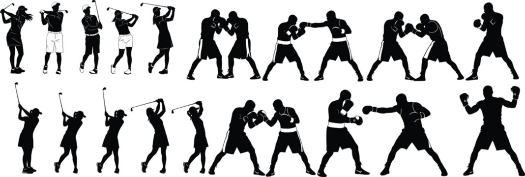 Golf Players and Boxing Athletes Silhouette Collection Featuring Swinging Fighting Training and Sports Action Poses