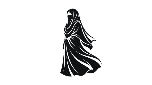A woman wearing a niqab walks with elegance and poise in a simple black and white illustration
