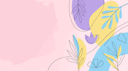 Soft pastel abstract background with organic shapes and botanical line art elements © sye