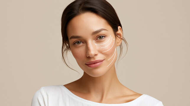 Facial lifting lines advertising face contour correction and skin lifting, rejuvenation and cosmetology concept, with copy space
