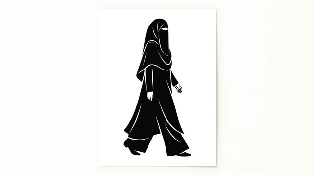 A woman wearing a niqab walks alone in a simple black and white illustration style