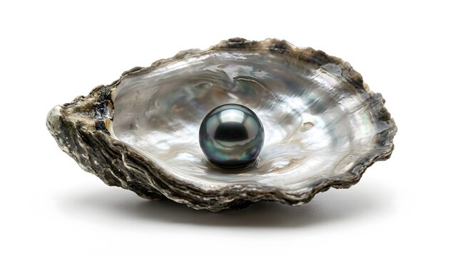 "Lustrous Black Pearl Resting in an Open Oyster Shell on White Background"

