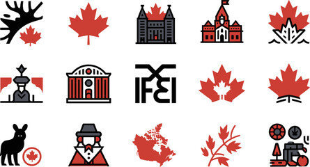 Canadian icons collection vector graphics featuring national symbols landmarks and wildlife illustrations © MonoMark Icons