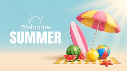Obraz premium Welcome summer banner with beach scene featuring surfboard beach umbrella watermelon ball starfish and rolled towels on sand with blue sky and sun rays.
