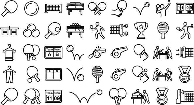 Ping Pong and Table Tennis Line Icon Set Featuring Paddles Balls Tables Net Scoreboards Whistles Players and Championship Trophy Tournament Symbols for Web and Apps