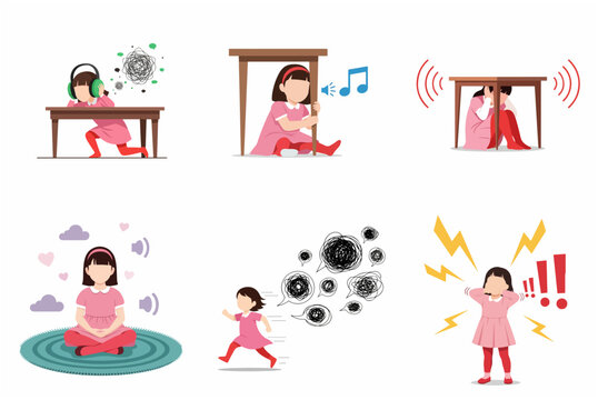 Illustrations of a young girl experiencing sensory overload and practicing emotional regulation for autism and neurodiversity awareness.