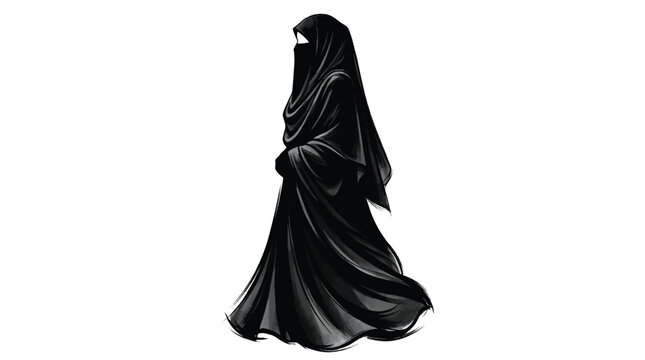 A woman wearing a niqab walks alone in a simple black abaya against a plain background