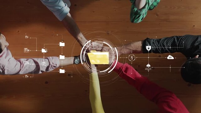 An innovative digital workspace showcasing a virtual file management system on a wooden surface. Ideal for themes of collaboration, technology, and organization. Raster
