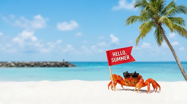 Cute cartoon crab wearing sunglasses holding a red flag with text hello summer on tropical beach palm tree blue sky ocean water sunny day vacation paradise idyllic exotic destination.