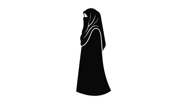 A woman wearing a niqab stands elegantly in a simple black abaya against a plain background