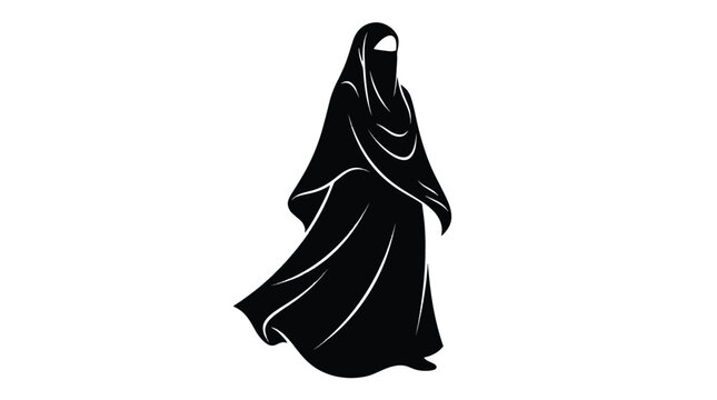 A woman wearing a niqab walks alone in a simple black and white illustration style