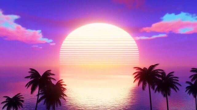 Panning shot of oversized sun setting over tropical ocean with palm silhouettes and glowing neon gradient sky at dusk