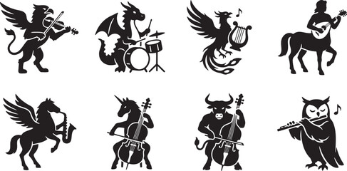 Mythical fantasy creatures playing classical orchestra musical instruments on stage © HM