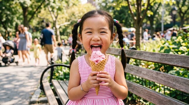 Joyful Asian child eating strawberry ice cream cone in park on sunny day