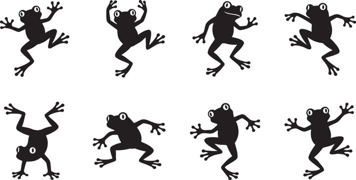 Comic cartoon frogs dancing hopping and doing acrobatics flips