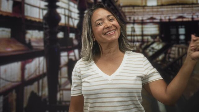 Middle aged woman smiles and points finger with hand raised in a historic library gallery beside display cases and shelves; joy curiosity.