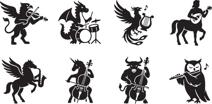 Mythical fantasy creatures playing classical orchestra musical instruments on stage