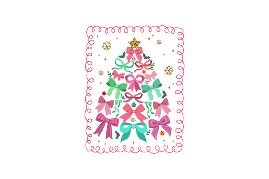 Pastel Pink Christmas Tree with Bows Stamp Sublimation Design