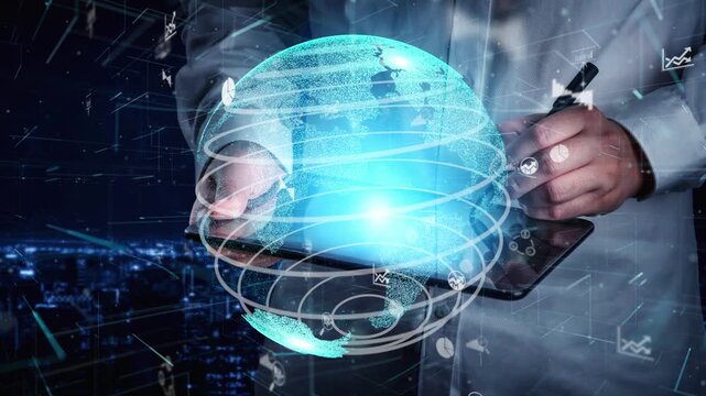 A futuristic businessman holds a digital tablet displaying a glowing globe. Data graphs and symbols surround him, illustrating modern technology impact on global business and trends. Xenic