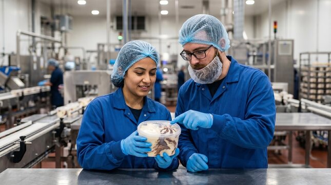 Food production workers inspecting ice cream container in a factory