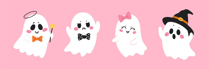 Naklejka premium Halloween ghost characters collection pack. Spooky phantoms with witch hat pink hair bow tie and magic star wand. Holiday party design graphics. Vector illustration pink background